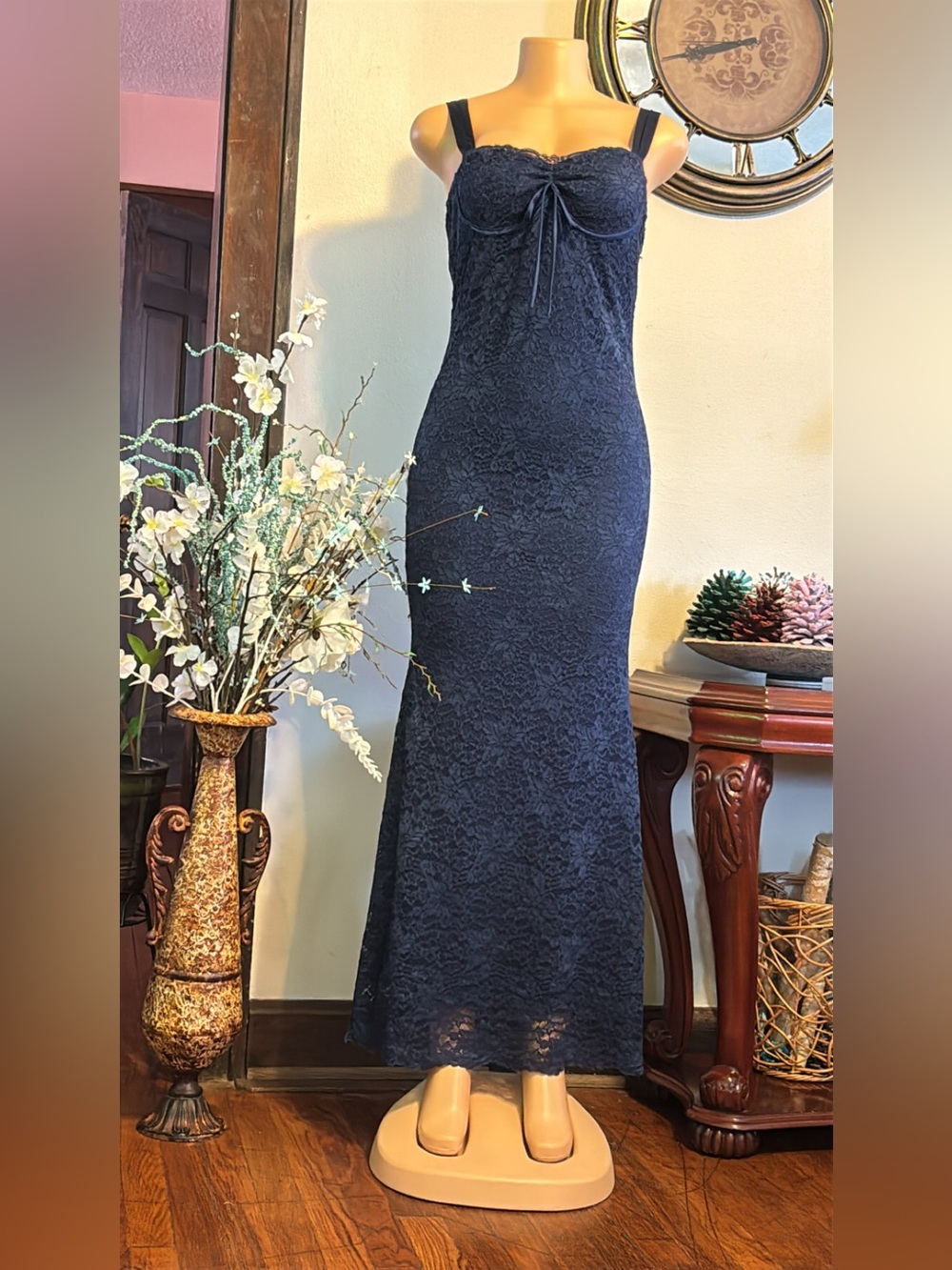 Elegant Navy Lace Maxi Dress with Bow Accent